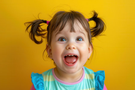 A cheerful little girl with pigtails expresses delight while standing in front of a bright yellow backdrop, radiating happiness.の素材