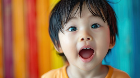 A young child expresses joy with wide eyes and an open mouth, standing against a vibrant striped backdrop that adds cheerfulness.の素材