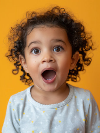 A delighted child with curly hair shows an open-mouthed expression of joy, standing in front of a vibrant orange backdrop.の素材