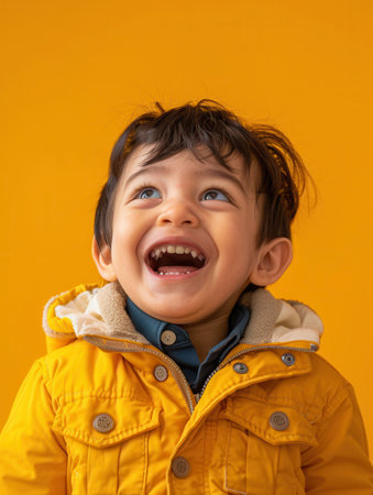 A joyful young boy with a beaming smile looks up, wearing a bright yellow jacket, creating a cheerful atmosphere in the room.の素材