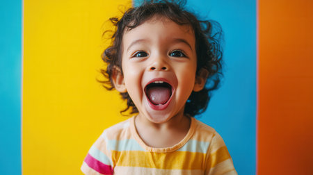 A joyful toddler with curly hair expresses excitement with a big smile against colorful blue and orange walls, radiating happiness.の素材