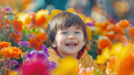 A cheerful child laughs while surrounded by a colorful array of blooming flowers in a bright garden, joyfully engaging with nature.の素材