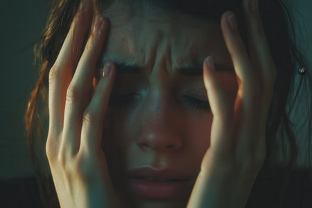 A person expresses deep stress and anxiety with hands on their head and closed eyes, sitting alone in a softly lit space.の素材