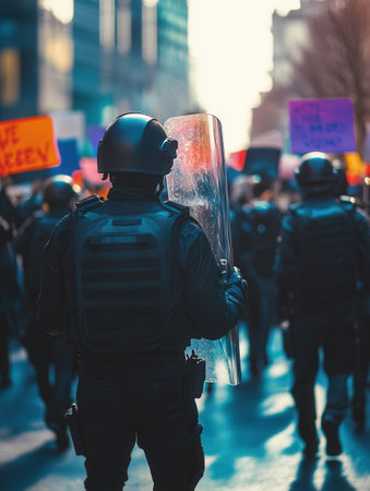 A large group of protesters carries colorful placards while law enforcement officers hold riot shields, highlighting the struggle for rights and justice.の素材