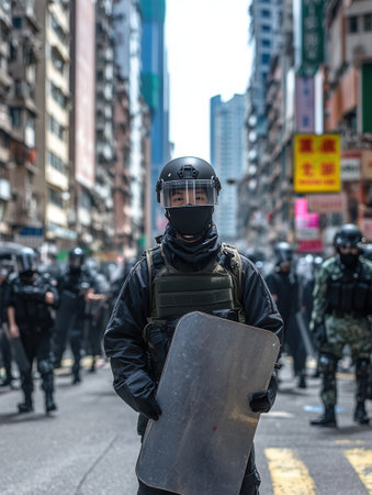 Crowds of protesters rally for their rights, while law enforcement in riot gear uses shields to manage the situation, leading to several arrests.の素材