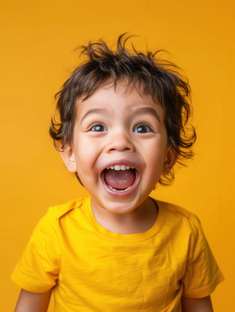 A young child expresses happiness with a wide smile, showcasing their curly hair while standing in front of a yellow backdrop.の素材