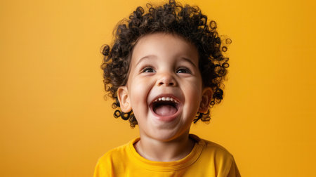 A cheerful young child with curly hair beams with happiness in front of a yellow backdrop, portraying a carefree and playful spirit.の素材