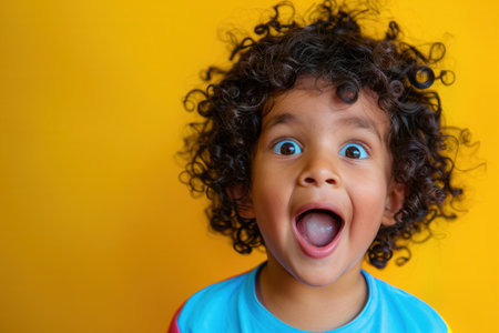 A cheerful young boy with lively curly hair shows an exuberant smile, set against a bright yellow backdrop radiating happiness.の素材