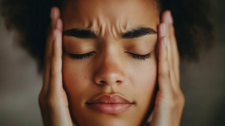 A young adult with closed eyes holds their head in their hands, conveying a moment of stress and anxiety in a tranquil environment.の素材
