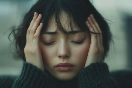 A woman appears distressed, sitting in a calm indoor setting with her eyes shut and hands gently pressing against her head.の素材