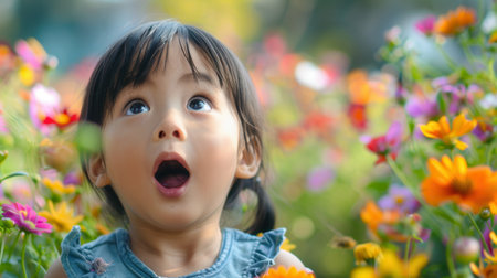 A young girl looks up in amazement amidst colorful flowers on a bright spring day.の素材