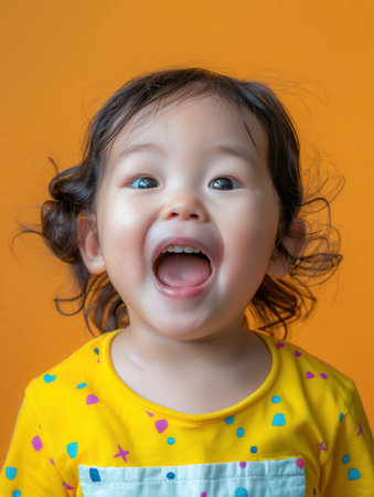 A cheerful child with curly hair expresses pure joy with a wide smile, set against a bright orange backdrop.の素材