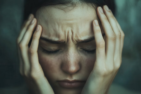 A person shows signs of stress and anxiety, with hands pressed against their head and eyes closed, creating a tense atmosphere.の素材
