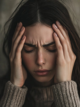 The woman shows signs of distress with her eyes closed, her hands pressed against her temples, conveying intense anxiety.の素材