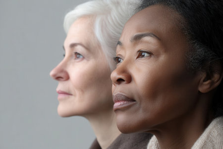 Two women with distinct features look pensively towards the side. Their expressions convey contemplation in a relaxed indoor environment.の素材