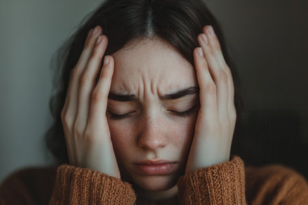 With closed eyes and furrowed brows, a person conveys stress and anxiety while holding their head in a softly lit indoor space.の素材