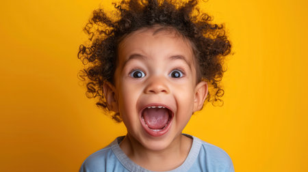 A cheerful child with curly hair smiles widely, showcasing pure joy against a vibrant yellow backdrop in the afternoon light.の素材