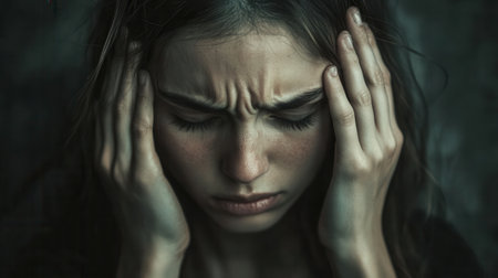 A young individual sits quietly with closed eyes, hands gripping their head, conveying a deep sense of stress and anxiety.の素材