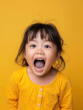 A young child wearing a bright yellow top joyfully opens her mouth wide with excitement, showing her vibrant energy against a yellow backdrop.の素材