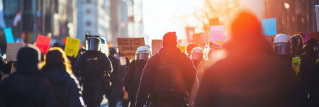 Crowds of protesters hold placards advocating for their rights as law enforcement moves in with riot shields, illustrating a moment of tension on the streets.の素材