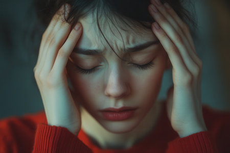 A person displays signs of stress and anxiety with closed eyes and hands on their head in a softly lit space, evening setting.の素材