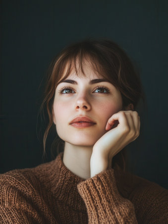 A young woman rests her chin on her hand, lost in thought. She radiates calmness and introspection in a softly lit indoor environment.の素材