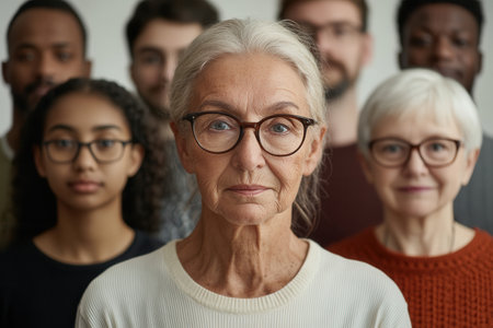 A diverse group of individuals stands in close formation, reflecting unity among various ages and ethnicities, creating a powerful sense of togetherness and inclusion.の素材