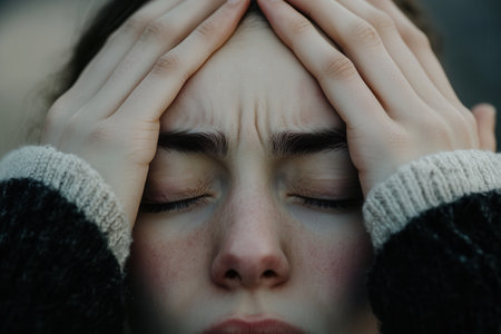 A person is sitting silently with closed eyes, hands resting on their head, conveying feelings of stress and anxiety in a tranquil environment.の素材