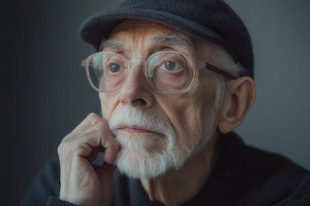 An elderly man sits in a dimly lit room, wearing glasses and a cap, lost in thought as he gazes out the window, reflecting on lifeの素材