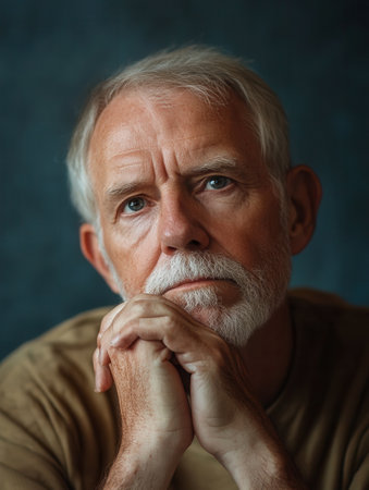 An older man with gray hair and a white beard sits quietly, his hands clasped in front of his face, lost in deep contemplation in a warm, soft-lit environment.の素材