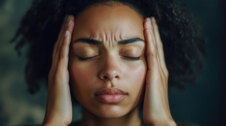 The woman is expressing feelings of stress and anxiety with her hands on her head and eyes closed, reflecting a moment of emotional overwhelm.の素材