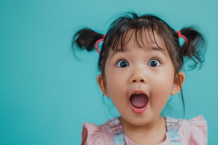 A young girl with pigtails displays an exuberant expression, showcasing joy and surprise in front of a vibrant blue backdrop.の素材