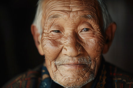 An elderly man expresses deep wisdom and tranquility, his weathered face reflecting a lifetime of experiences in a softly lit environment.の素材