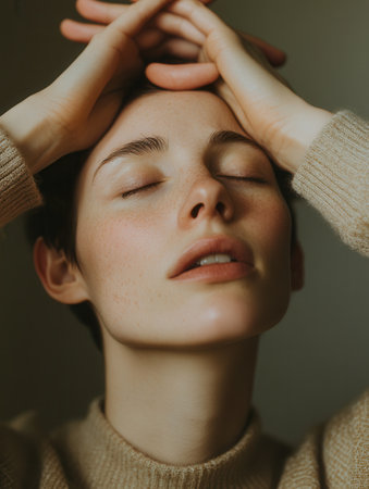A woman sits calmly with her eyes closed and hands on her head, conveying feelings of stress and anxiety in a tranquil environment.の素材