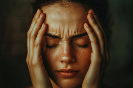A young woman sits quietly with her eyes closed and hands on her head, portraying intense feelings of stress and anxiety in a dark environment.の素材