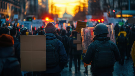 Amidst a vibrant sunset, protesters hold placards demanding justice as law enforcement stands ready with riot shields, creating a charged atmosphere of activism.の素材