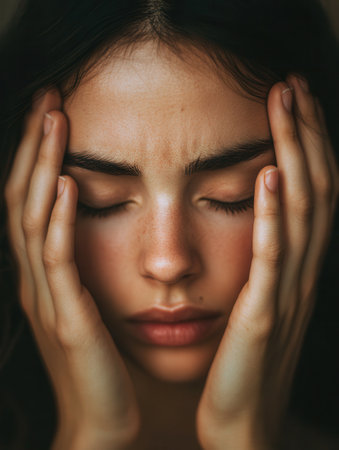The individual sits quietly with their eyes shut, hands on their head, conveying deep feelings of stress and anxiety amidst peaceful surroundings.の素材