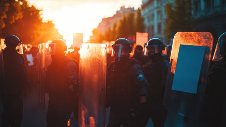 As the sun sets, protesters hold placards while law enforcement stands with riot shields, capturing a moment of conflict over rights.の素材