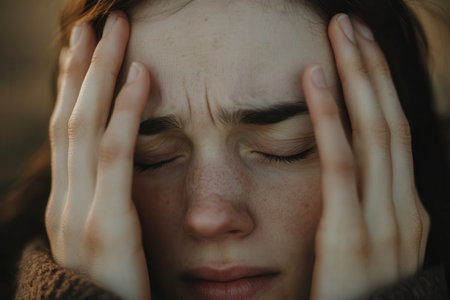 A person sits outdoors with closed eyes, hands gripping their head, showing overwhelming stress and anxiety during twilight.の素材
