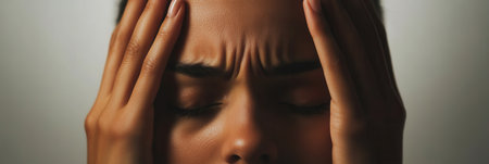 A person with closed eyes and hands on their head expresses deep stress and anxiety, surrounded by a neutral indoor environment.の素材