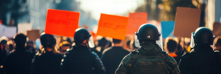 Crowds with colorful posters demand justice as law enforcement stands ready with shields, highlighting the struggle for rights and freedoms.の素材