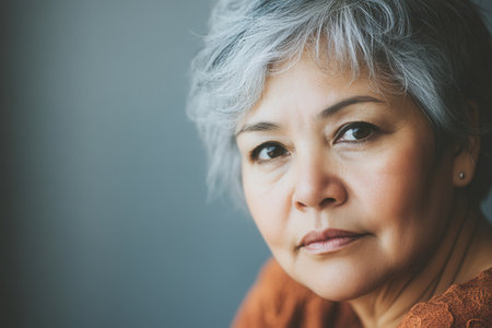 A mature woman with short silver hair gazes thoughtfully at the camera, showcasing her calm demeanor while seated indoors, illuminated by soft natural light.の素材