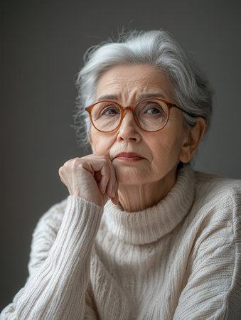 An elderly woman wearing a cozy sweater sits thoughtfully, resting her chin on her hand. Soft light illuminates her reflective expression in an inviting indoor space.の素材