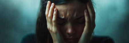 A woman with closed eyes sits alone, her hands gripping her head as she experiences overwhelming stress and anxiety in a dark setting.の素材