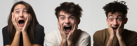 Three young adults display a range of intense emotions, with expressions of shock and joy, during a lively group portrait.の素材