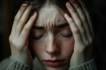 A young individual with closed eyes holds their head in their hands, visibly overwhelmed by stress and anxiety in a cozy indoor environment.の素材
