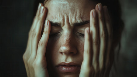The person silently expresses their feelings of stress, with eyes closed and hands pressed against their head, in a dim setting.の素材