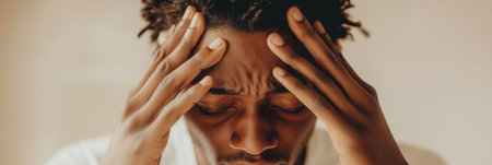 A person struggles with stress and anxiety, eyes closed and hands on their head, conveying intense emotional pressure in a serene environment.の素材