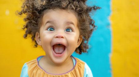 A joyful toddler with curly hair beams with delight against a colorful background, showing pure happiness and innocence.の素材