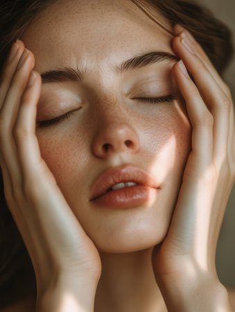 A young woman with closed eyes and hands on her head is stress experiencing and anxiety while sitting quietly indoors, lost in thought.の素材